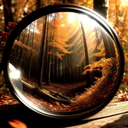 A strange double-exposure photograph showing a close-up of an autumn forest caught in a windstorm, all contained within a bucket, viewed thr...