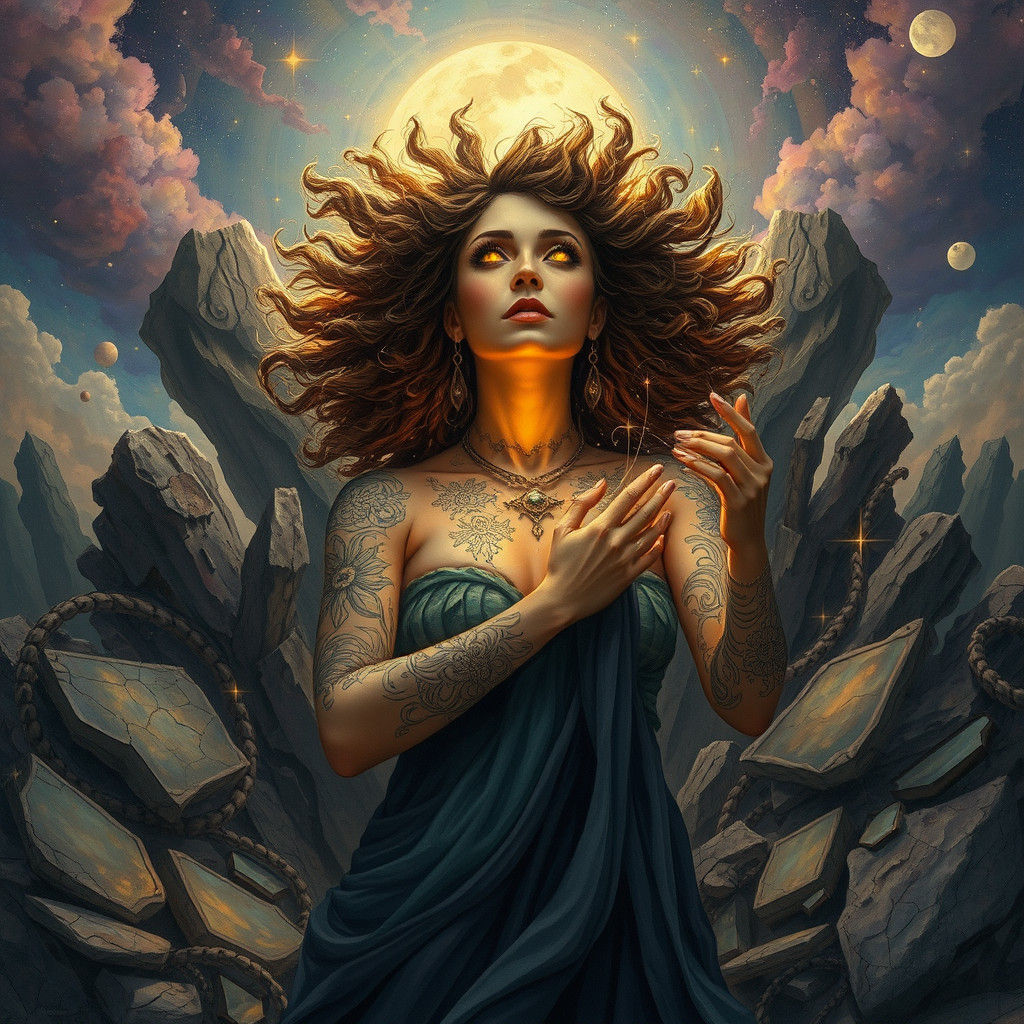 Mystical Woman Emerges from Shattered Landscape