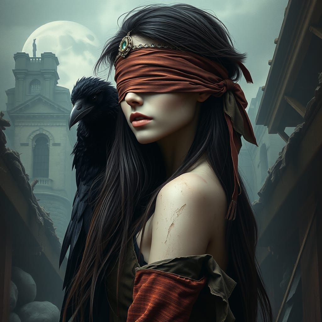 Gothic Woman with Majestic Crow in Ruins