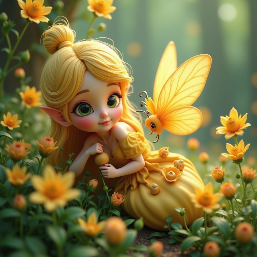 <lora:Lily Fairy Character:1.0>A fairy awakening sleepy blooms with a tiny bell, each ring opening a new blossom — musical and charming spri...