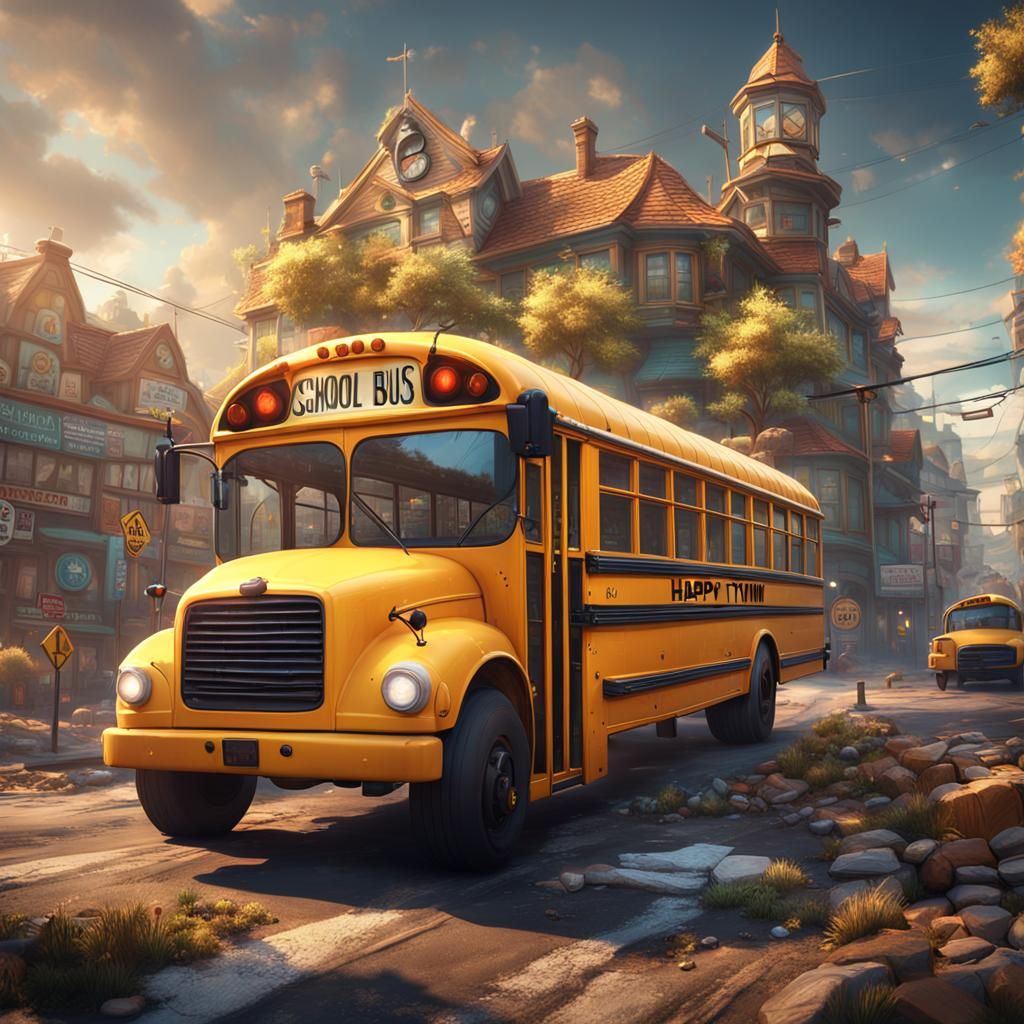 school bus driving through happy town