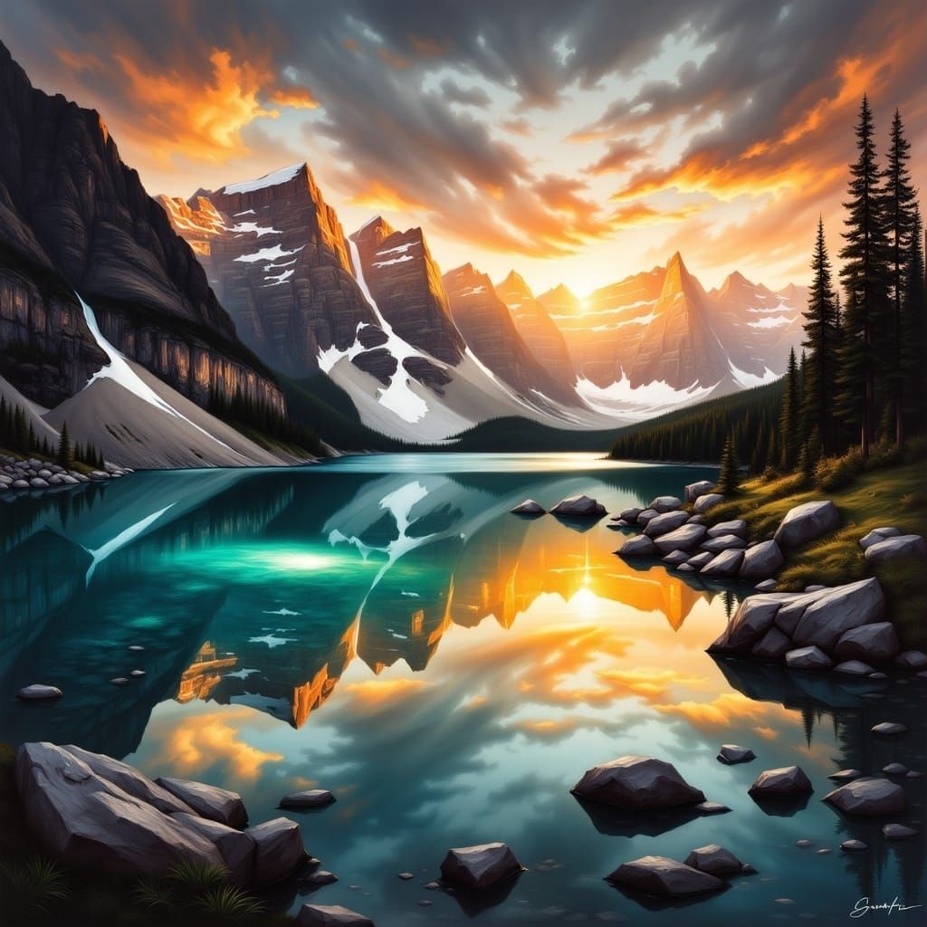 <lora:The Swanland Flux:1.0> An incredible sunset over a tranquil crystalline alpine lake
