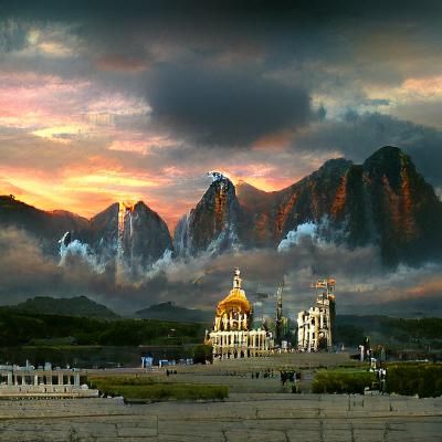 a cathedral with several mountains behind with the sunset
