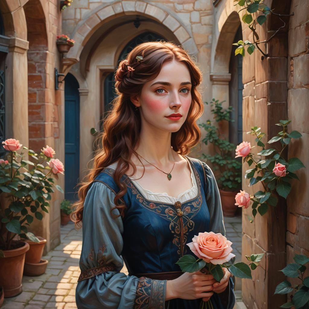 Romantic Portrait in European Courtyard, Pre-Raphaelite Styl...