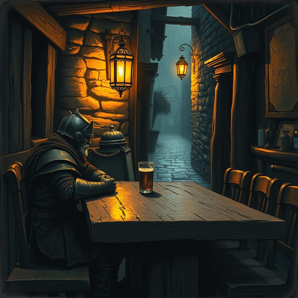 A lone, weathered knight sits at a rough-hewn wooden table in a dimly lit tavern, the air thick with ...  by @ Jennifer
