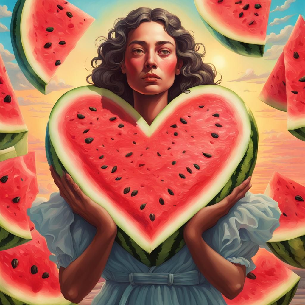 Watermelon Heart with Women at Sunrise in Surreal Style