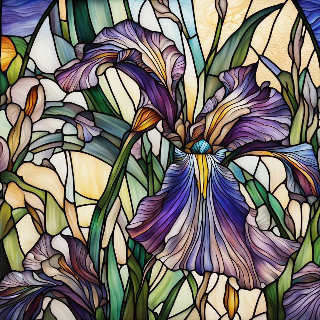 Stained Glass Mosaic of Iris Flowers