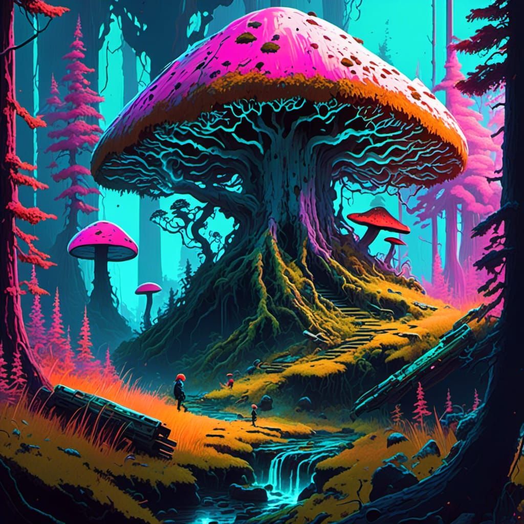 <lora:Forest Flora Focus:1.0>on a mossy forrest floor, thin_delicate_computer_circuits synthwave 2099, neon, retro<lora:Murraypunk v2:0.4>