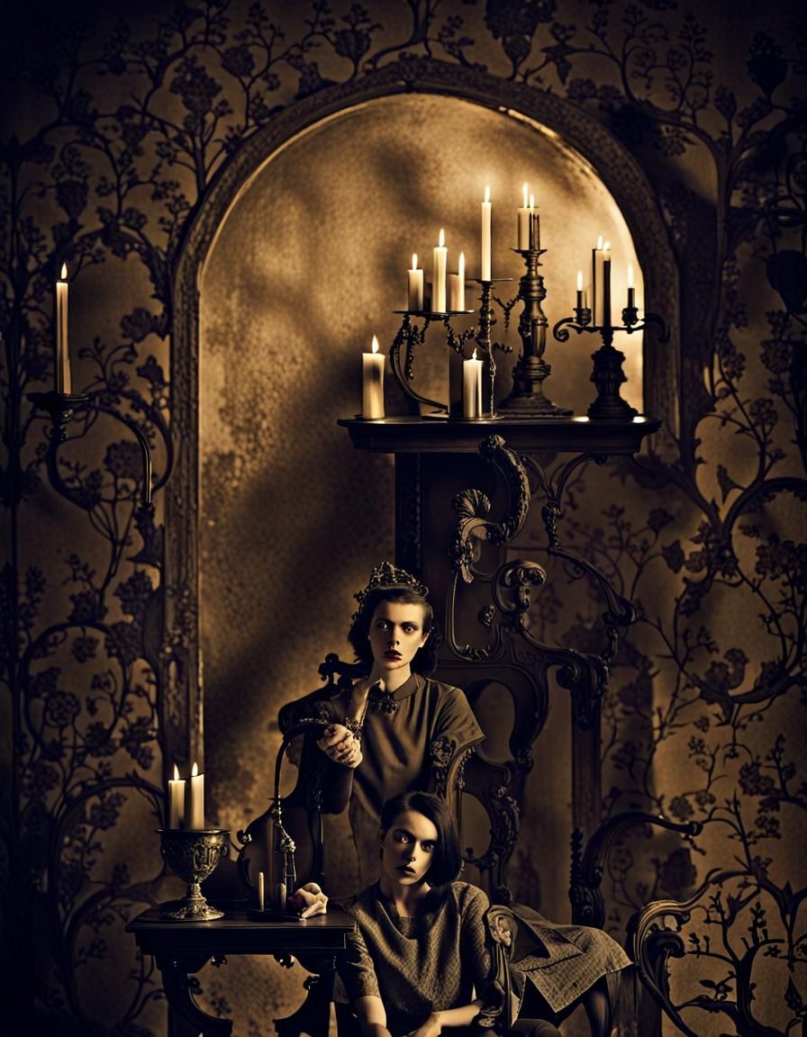 goth fashion model. photographs in the style of m. c. escher...