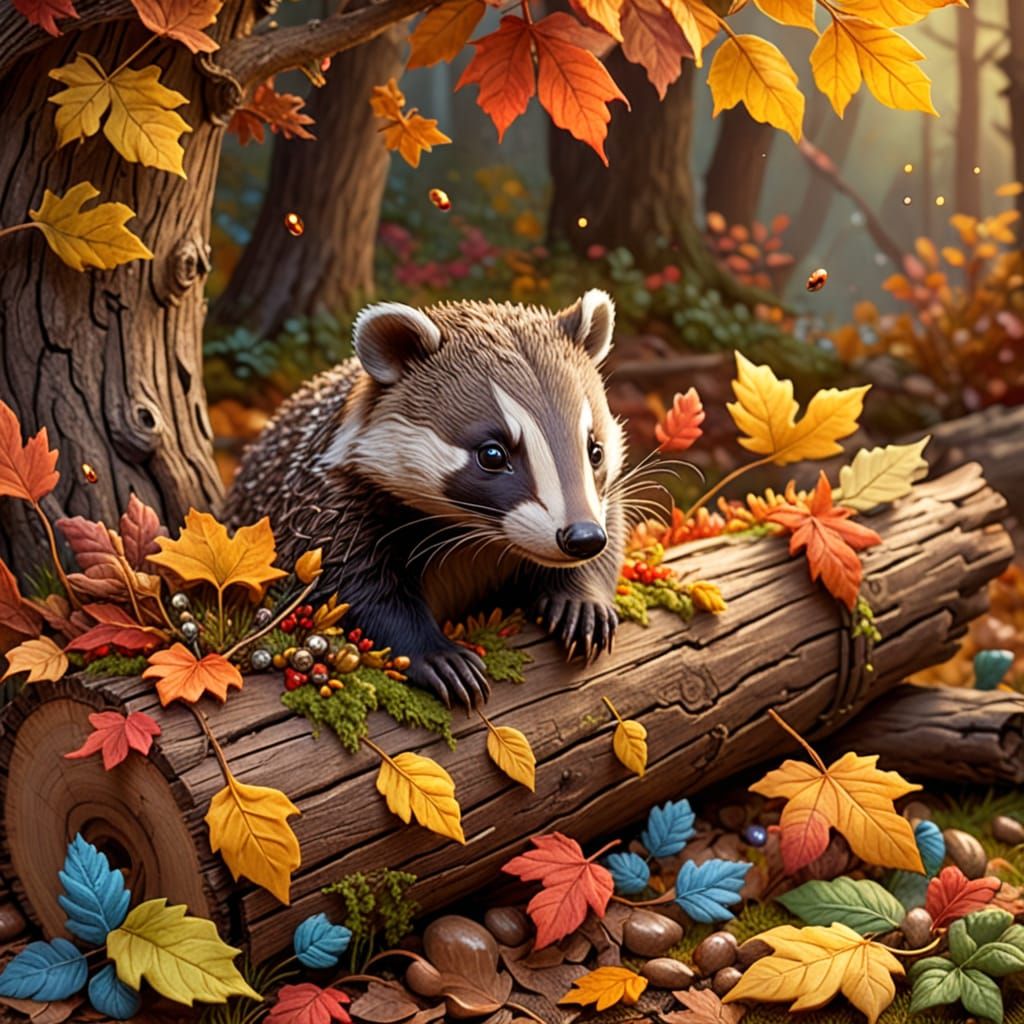 Badger Peeking from Autumn Leaves