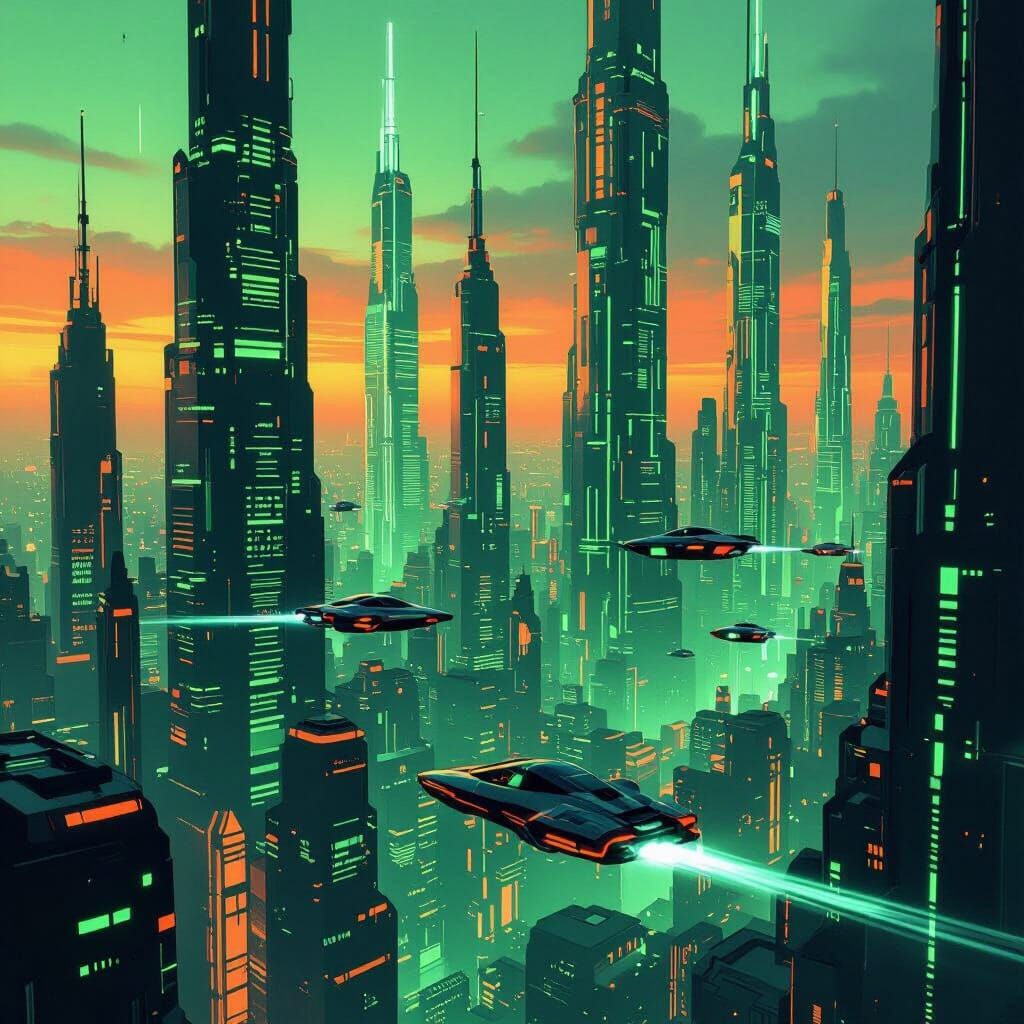 A futuristic city glowing in neon green and orange lights.  by @Joseph