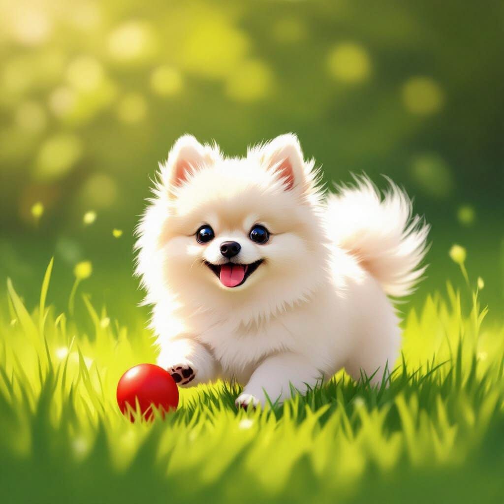 White Pomeranian Dog Plays with Red Ball in Green Grass