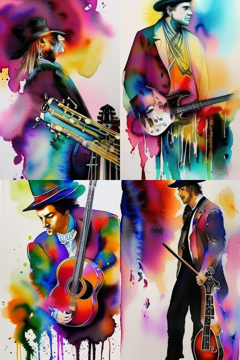musician, colorful ink flow watercolor painting, Jean-Baptis...