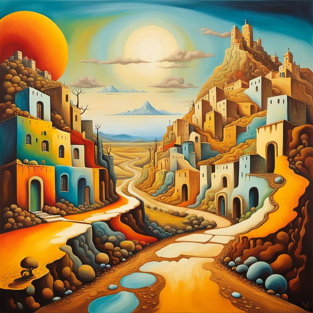 colorful road to the, flaxen blocked town of now