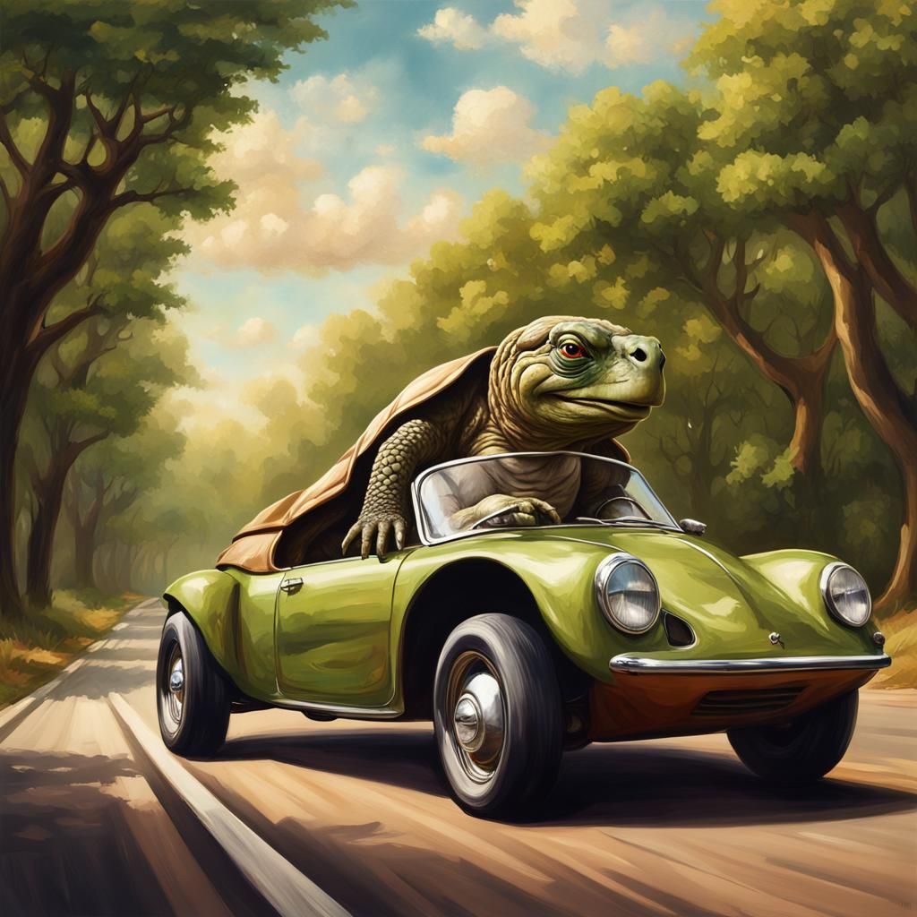 anthropomorphic tortoise driving classic open top racecar on...