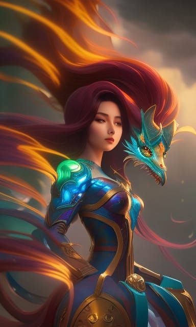 Adorable Rainbow Dragon Girl: Hyperrealistic Digital Portrai...