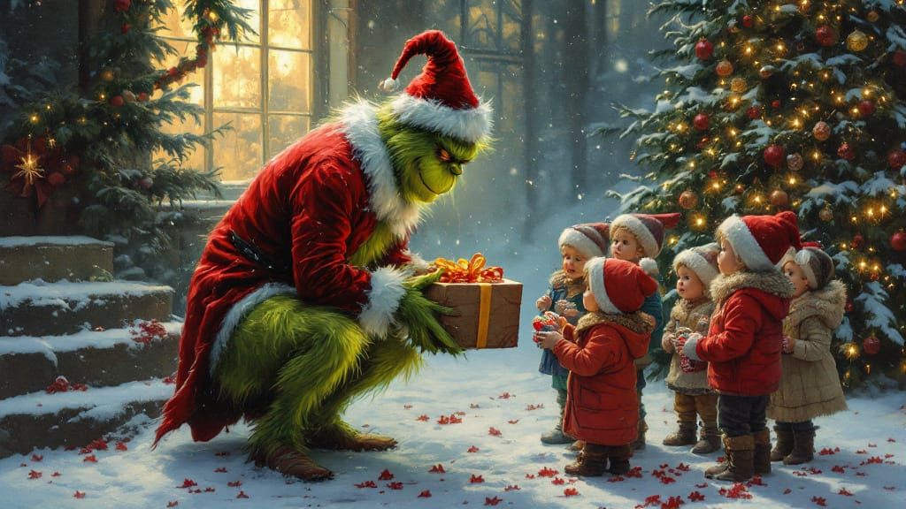 Norman Rockwell style painting of the Grinch delivering Christmas treats to orphans  by @BTMO