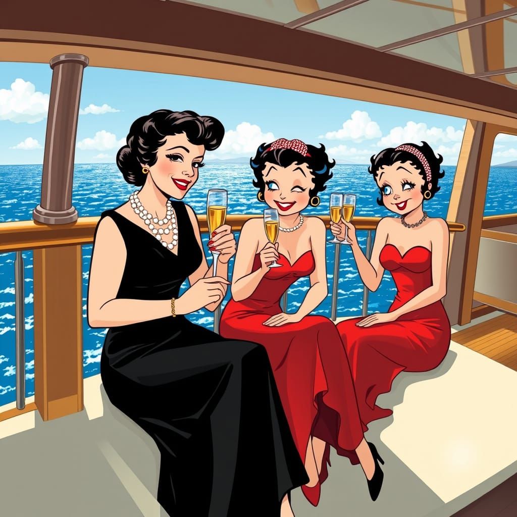 Joan Crawford, Betty Boop and her twin sister, Bunty Boop sip champagne together on a yacht they've hired for the weekend...