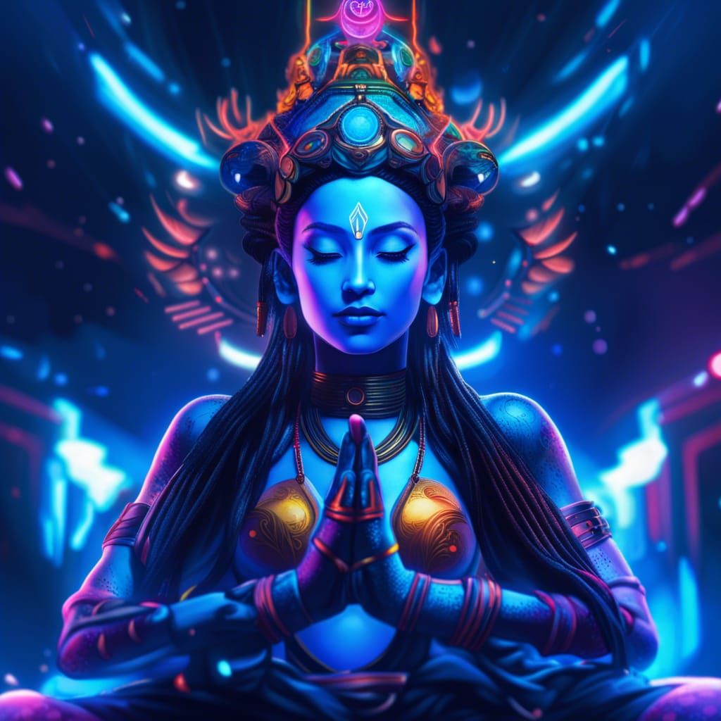 blue vivid devi shakti with beautiful face meditating in lotus in ...