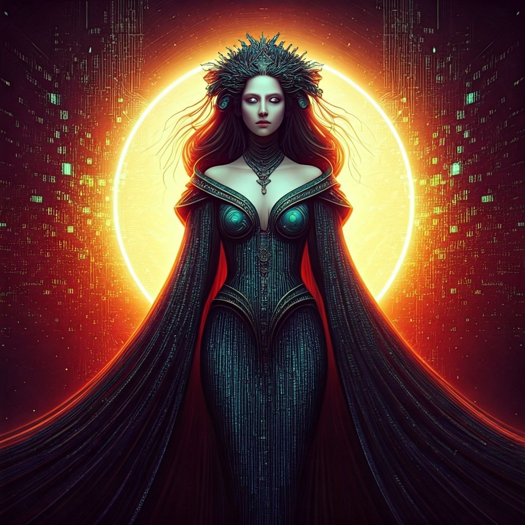 A digital oracle with a flowing gown of binary code stands before a shimmering portal, their eyes radiating an otherworldly glow. The backgr...