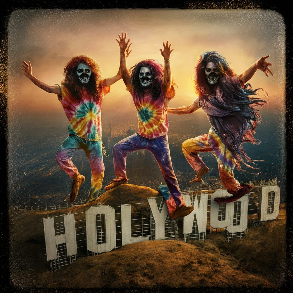 Hippies in tye dye clothes dancing with scary sinister smile...