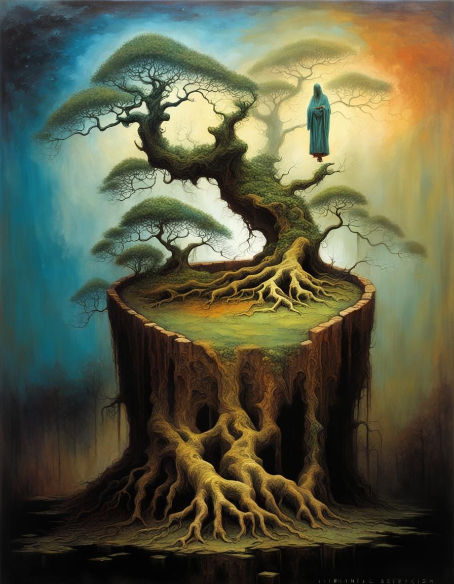 liminal space zombie bonsai tree Zdzisław Beksiński surreali...