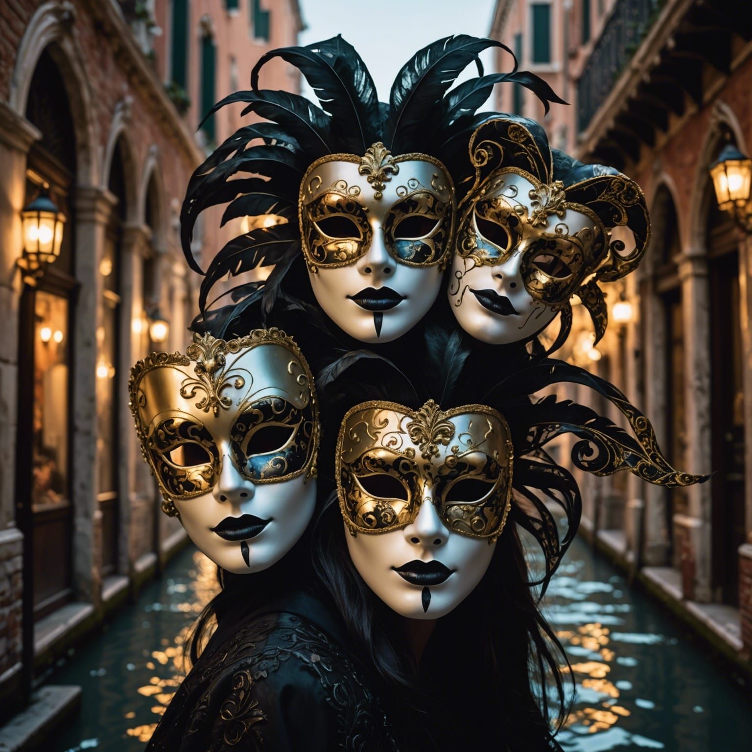 Venetian masks in Venice secret party insanely detailed dyna...