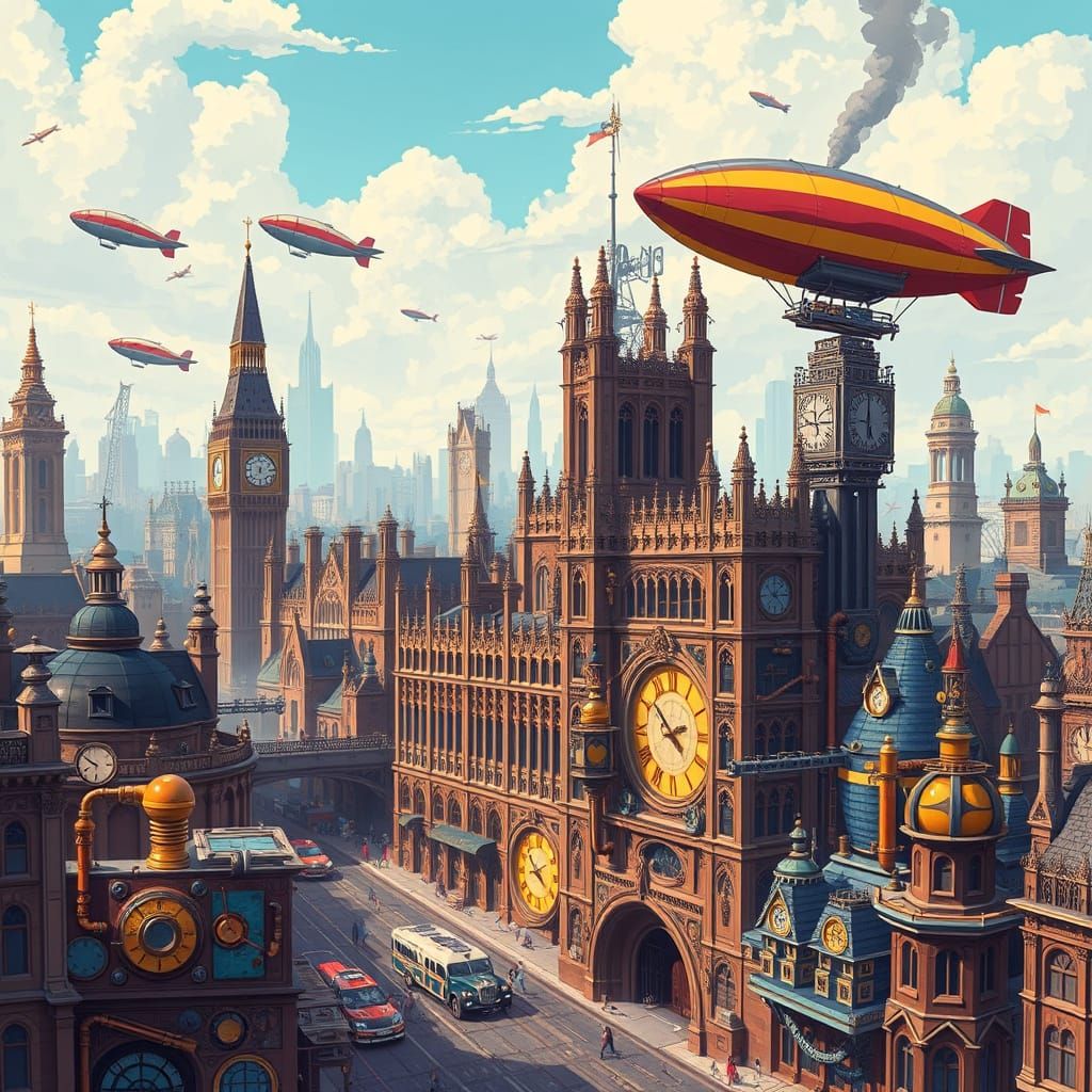 Make a futuristic landscape of 19th century London with robots, flying cars in style of Darrick Robertson, futuristic, highly detailed, 2D, ...