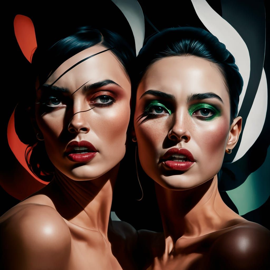 Photorealistic, ultra sharp, contrasty painting, faces of two women, strong side-light