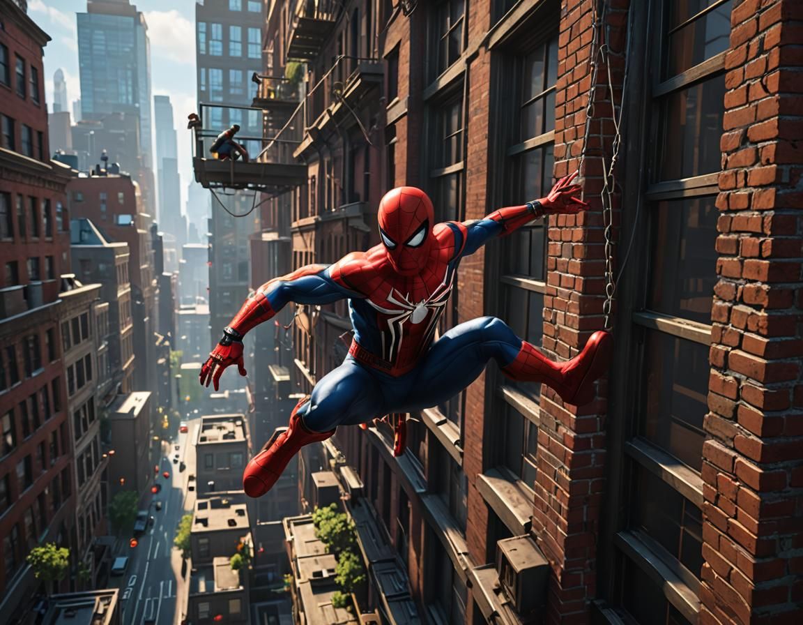 Spider-Man is swing and flying on the building. 3D Game Cinematic Feel ...