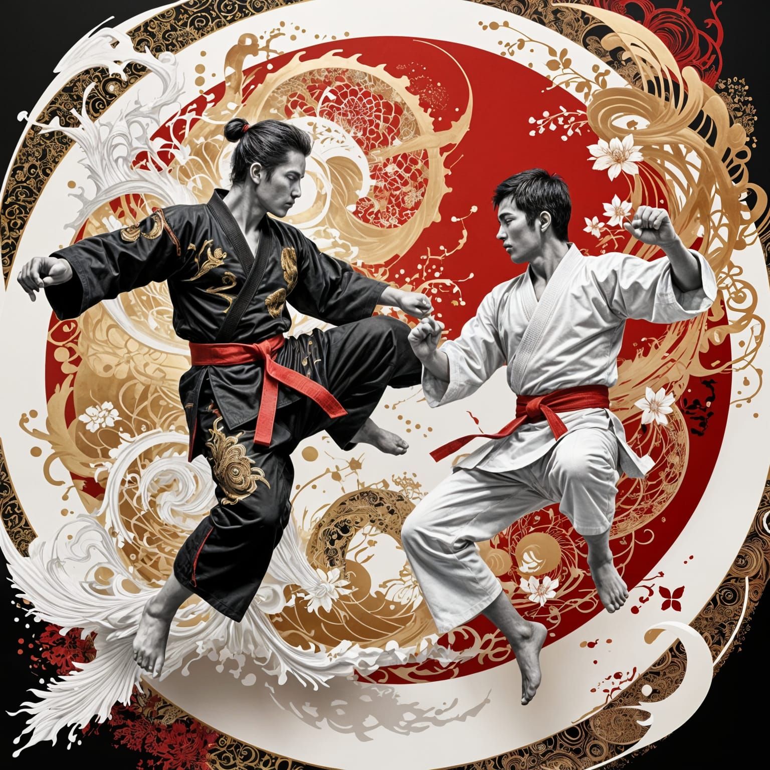 Yin Yang Karate Fighters in Japanese Ink Art