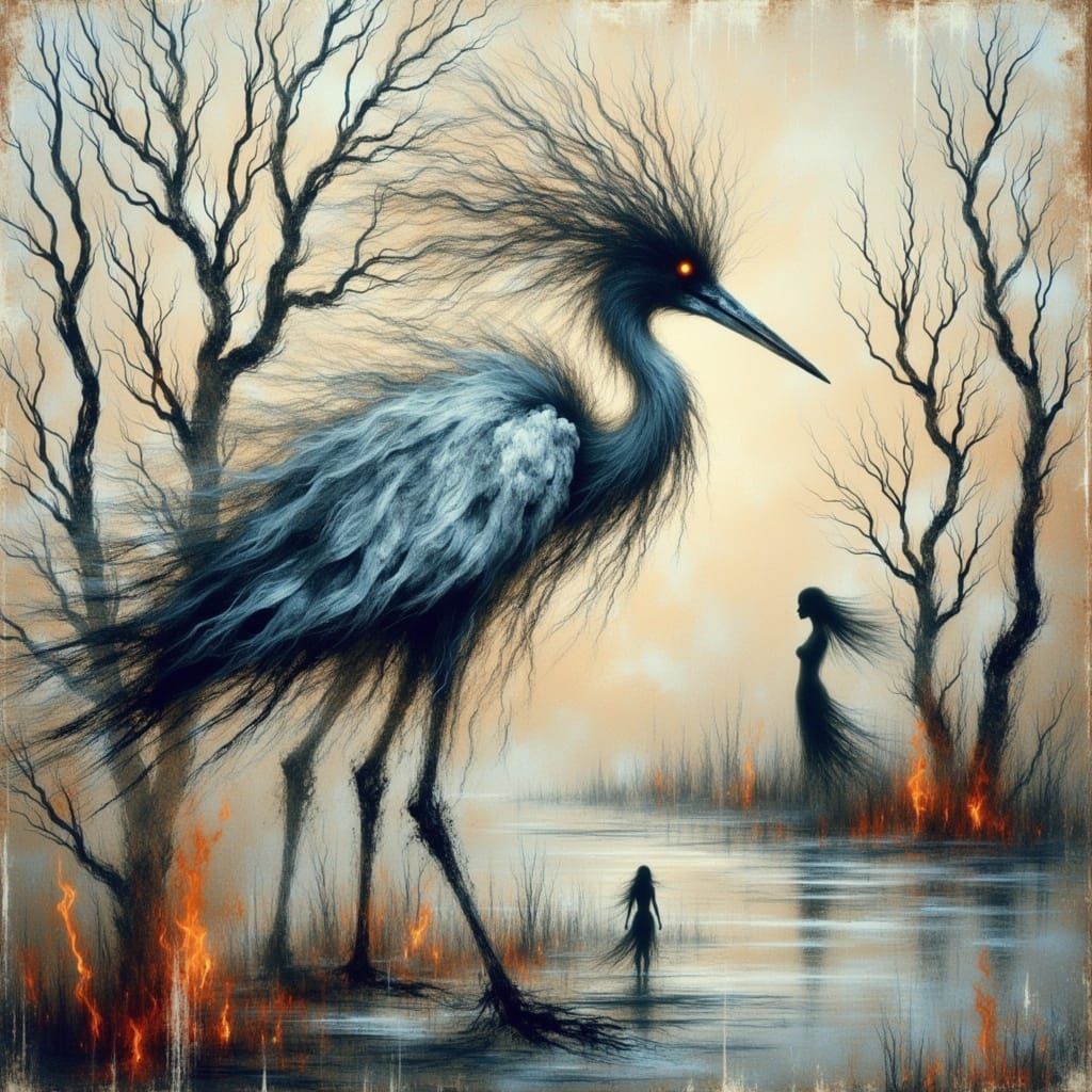 encaustic heron in the marshlands by Anna Silivonchik and Aubrey Beardsley, intricately detailed <lora:Earth and echoes:1.0> 