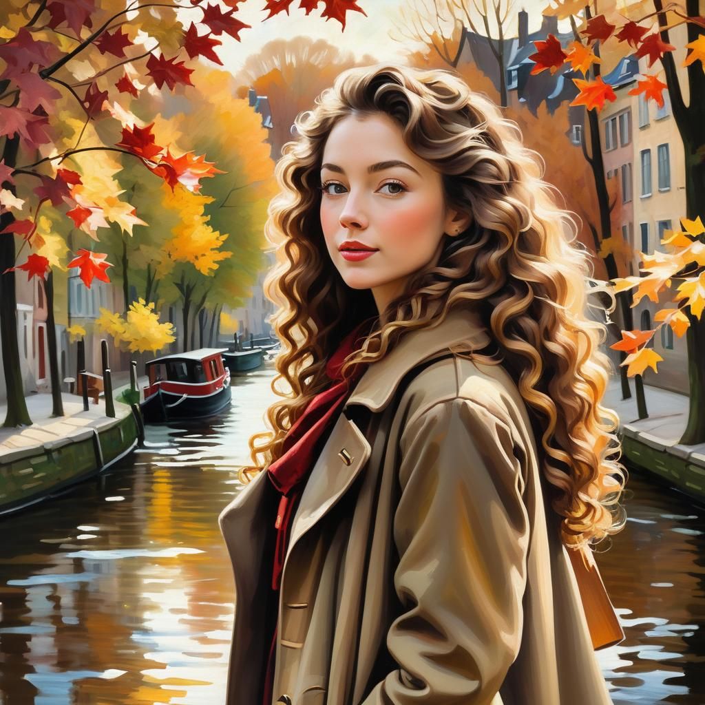 Woman by Canal in Whimsical Oil Painting Style