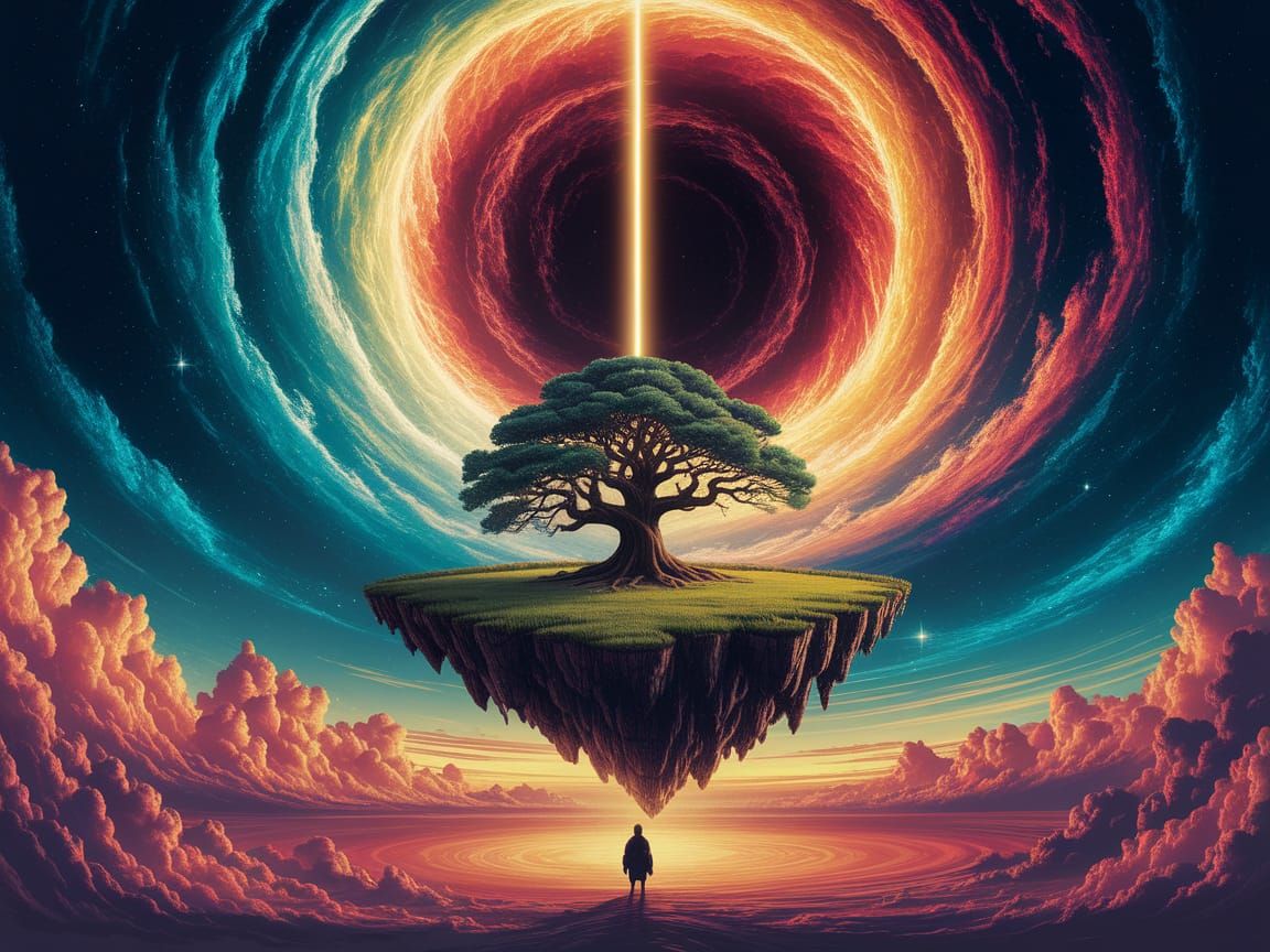 Floating Island in Cosmic Vortex with Ancient Oak
