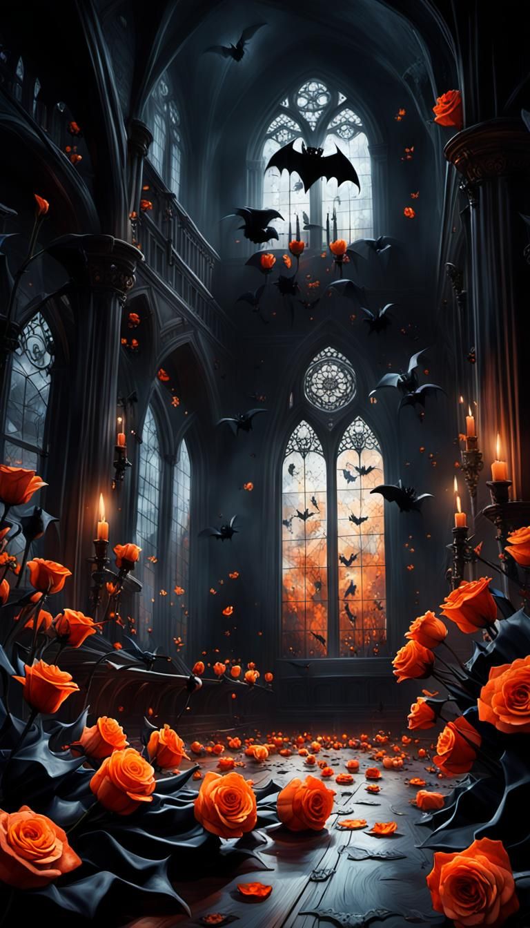 Gothic black tulips and bright orange roses in a spooky floral
