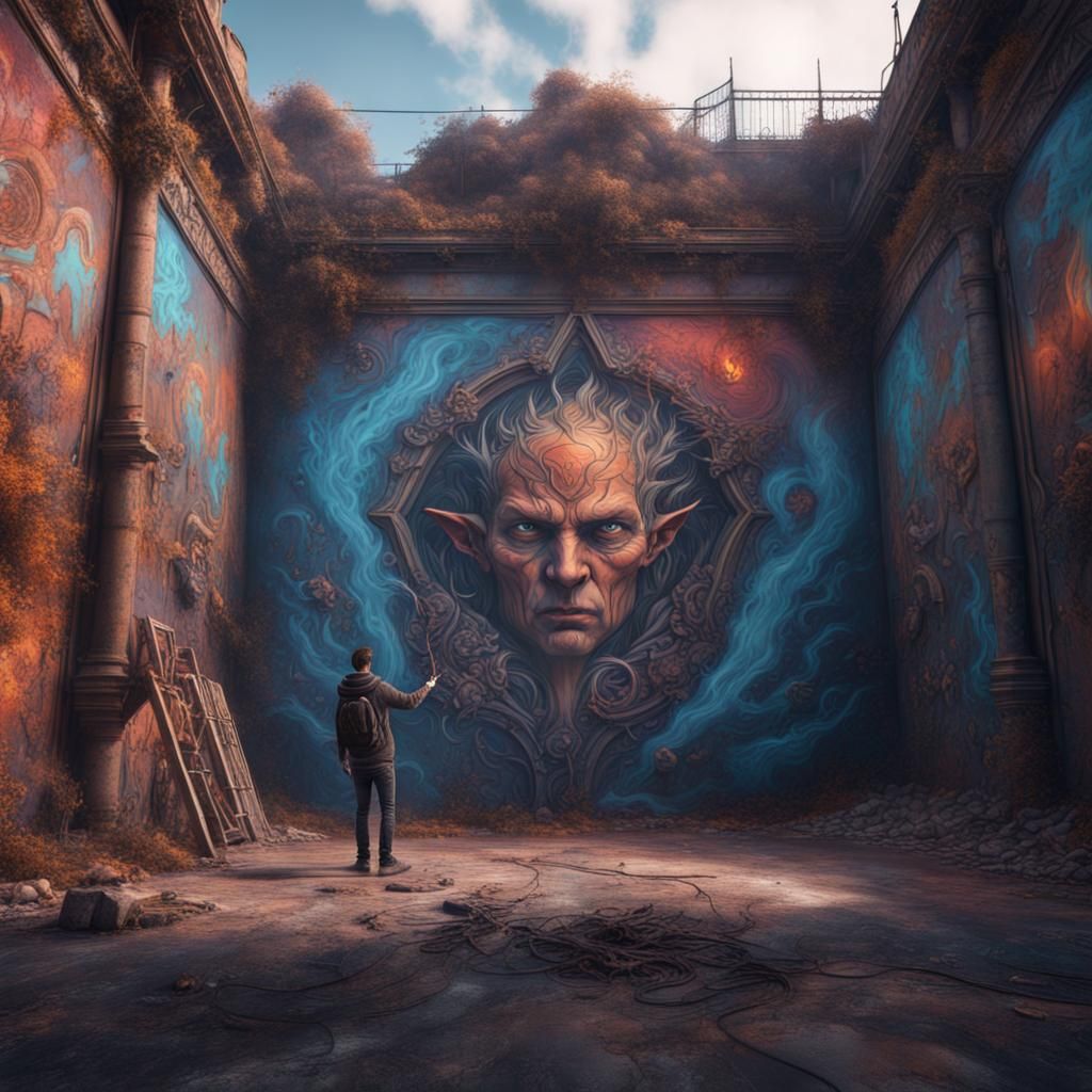 Man doing grafity on wall in the middle of nowhere