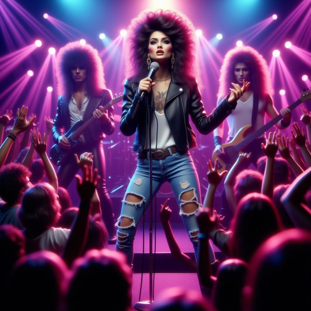 <lora:Rock Star:1.0> Rockstars performing on stage, energetic female lead singer in leather jacket and ripped jeans, microphone in hand, bac...