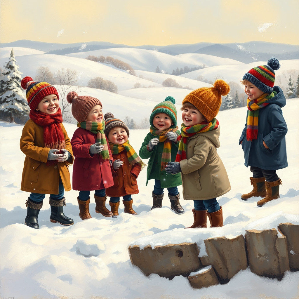 Children Playing in Snow, Oil Painting Style