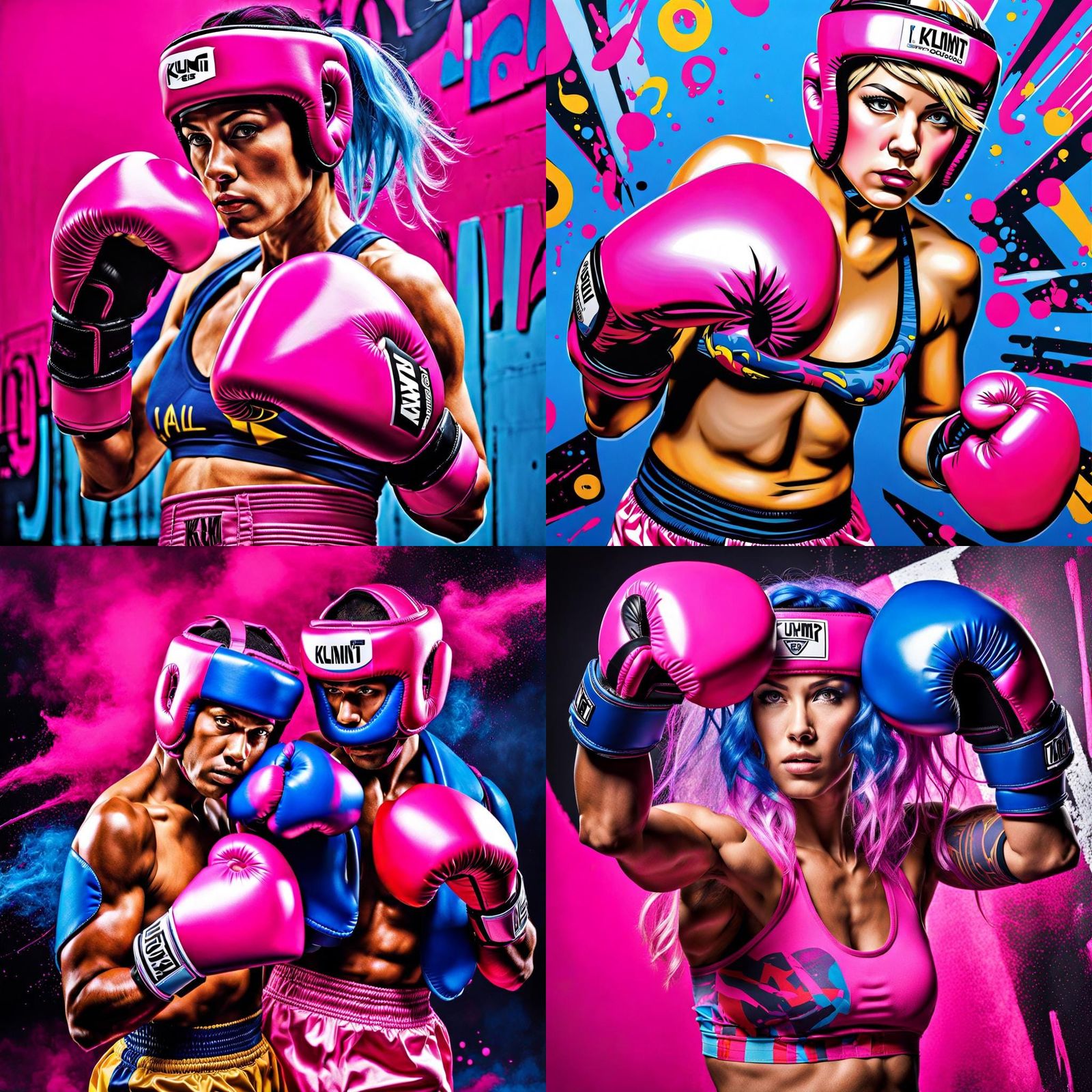 disabled boxer , female, long blue hair, pink shorts, pink h...