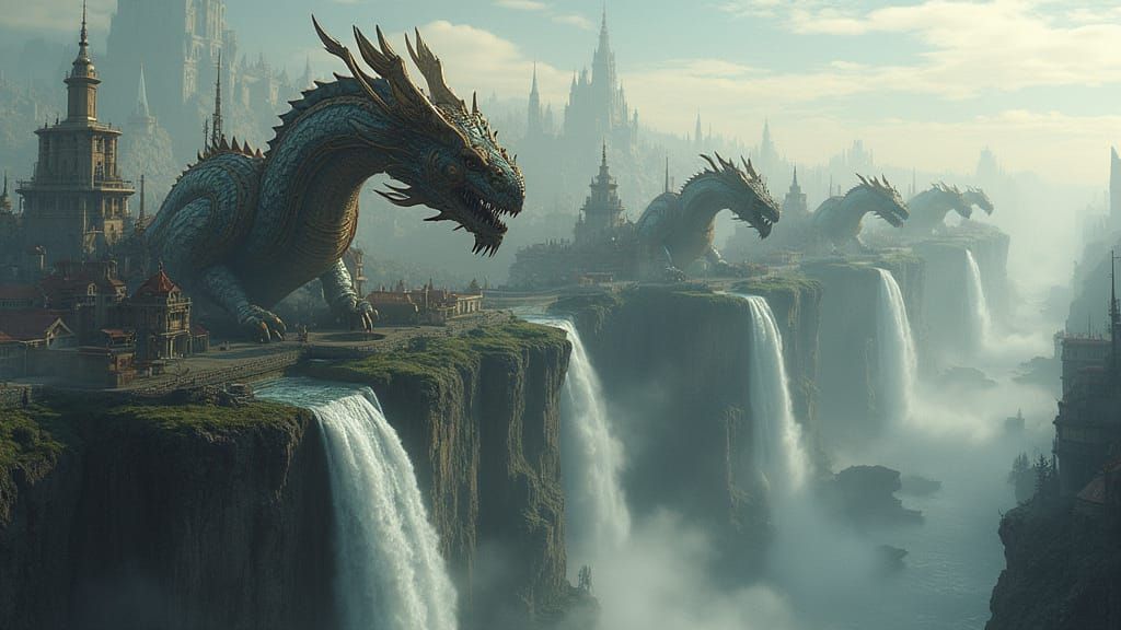 A colossal row of ancient mechanical dragons, their metallic scales glistening with intricate gears and steam vents, rises across a sky fill...