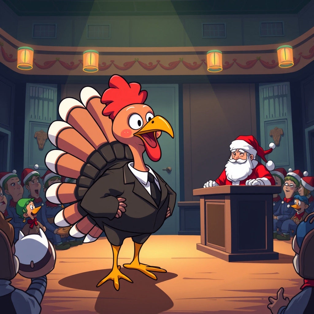 A cartoon turkey in court suing Santa Clause