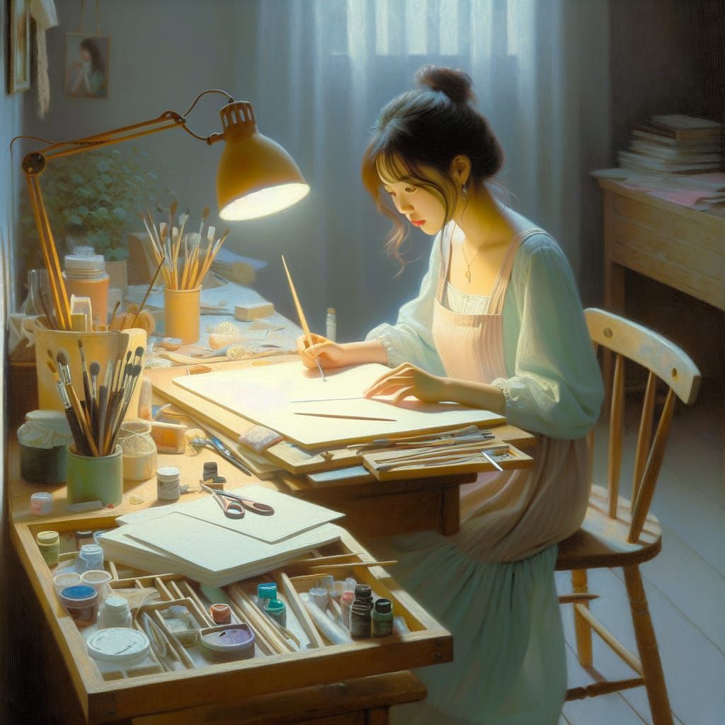 Create a whimsical oil-painted illustration of a young woman...
