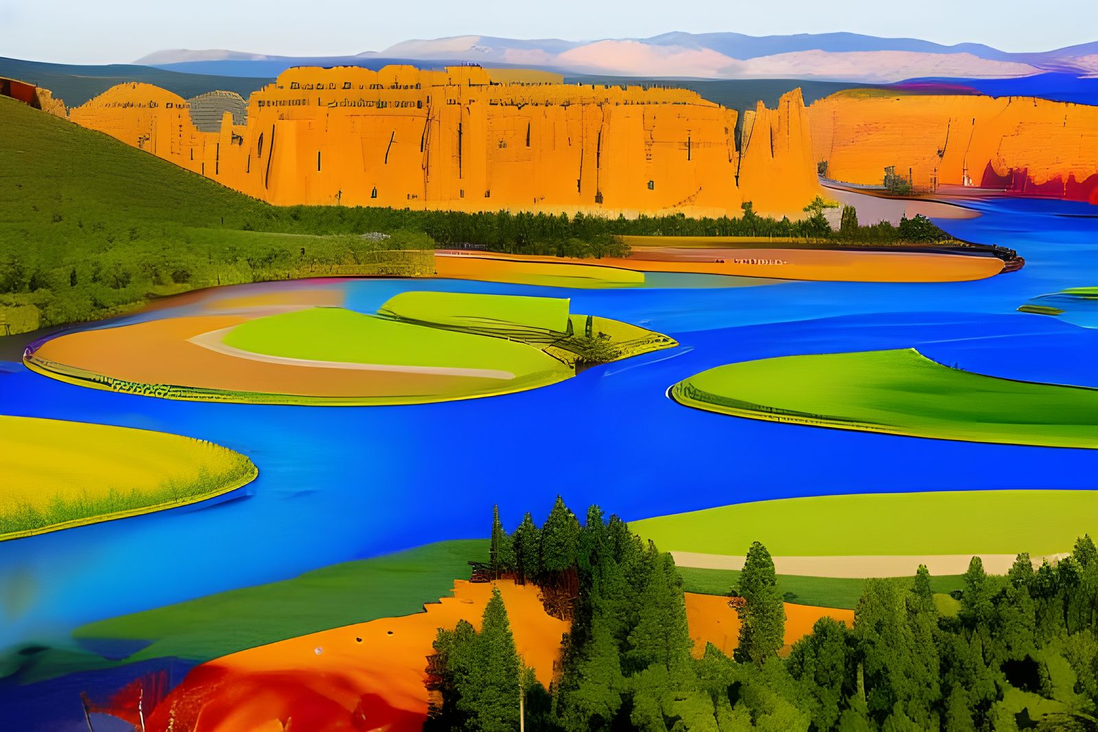 Picturesque landscape with a river and mountains.