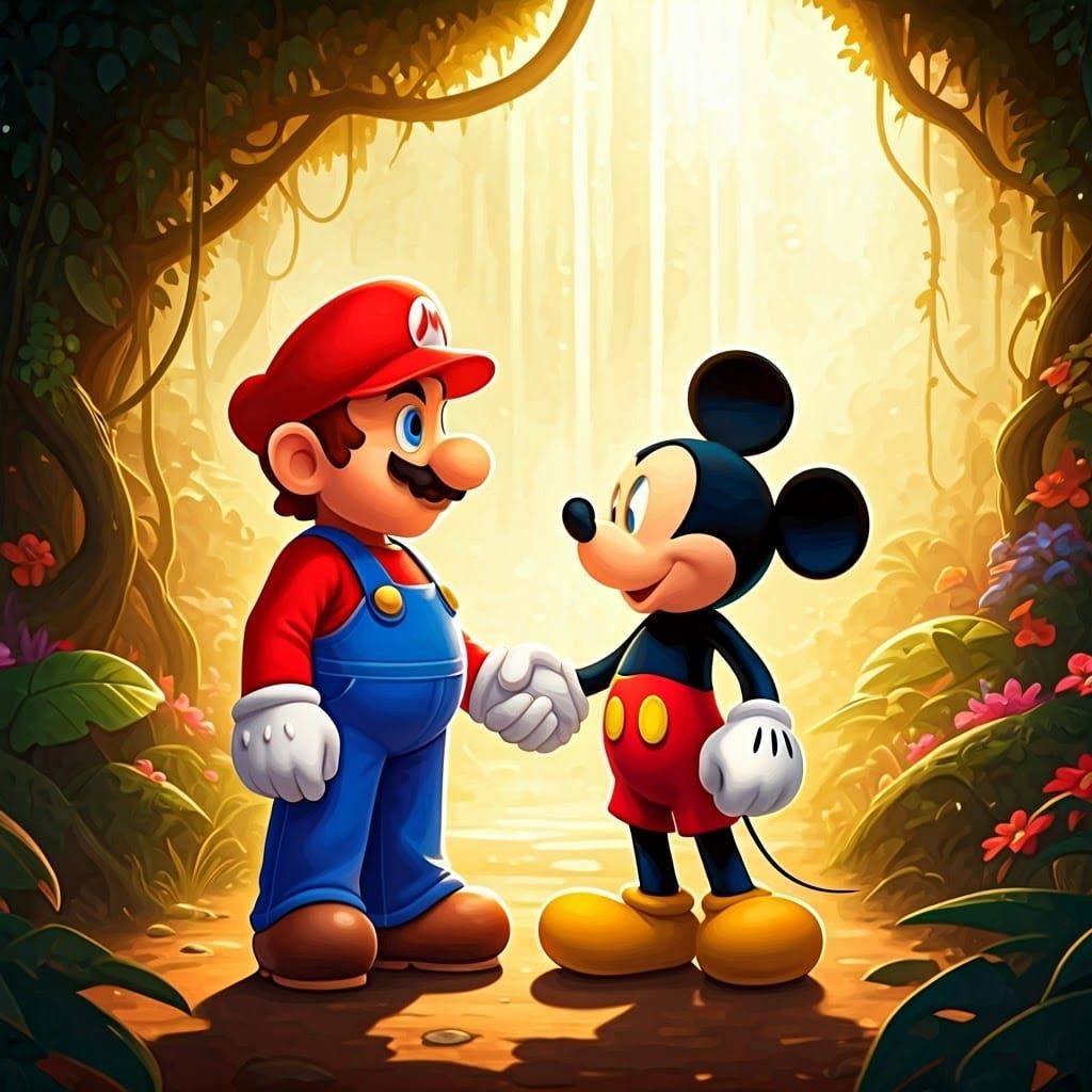 Mario in his normal clothes shakes hands with Mickey Mouse w...
