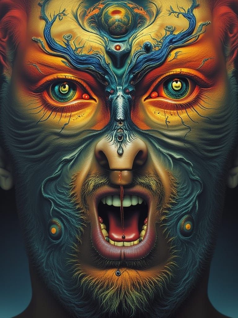 <lora:Insomnia Flux:1.0> vivid Medium shot of a muscular Man <lora:steveface1:1.5>with extra hyperrealistic eyes dressed as a mutation betwe...