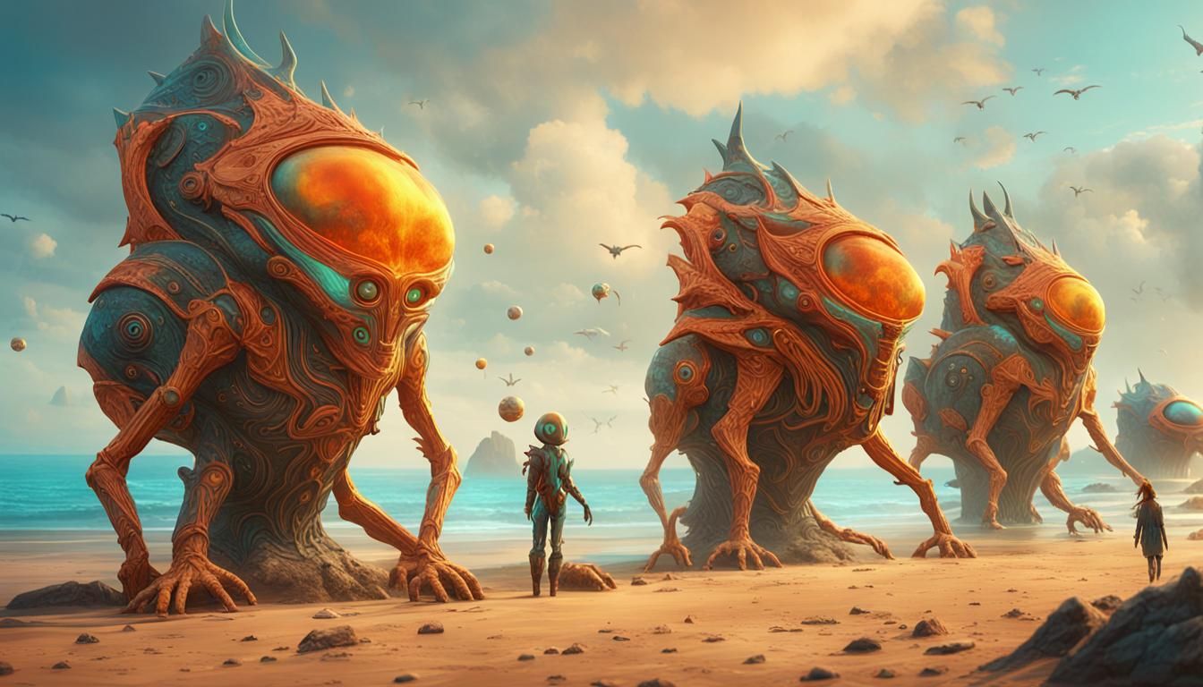 schöne alienfrauen im vordergrund, am strand,alien -pets,tür...