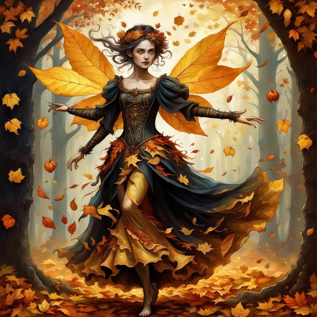 personification of autumn, a fairy dressed in golden leaves dancing balanced on one foot surrounded by a swirl of autumnal leaves, golden ho...