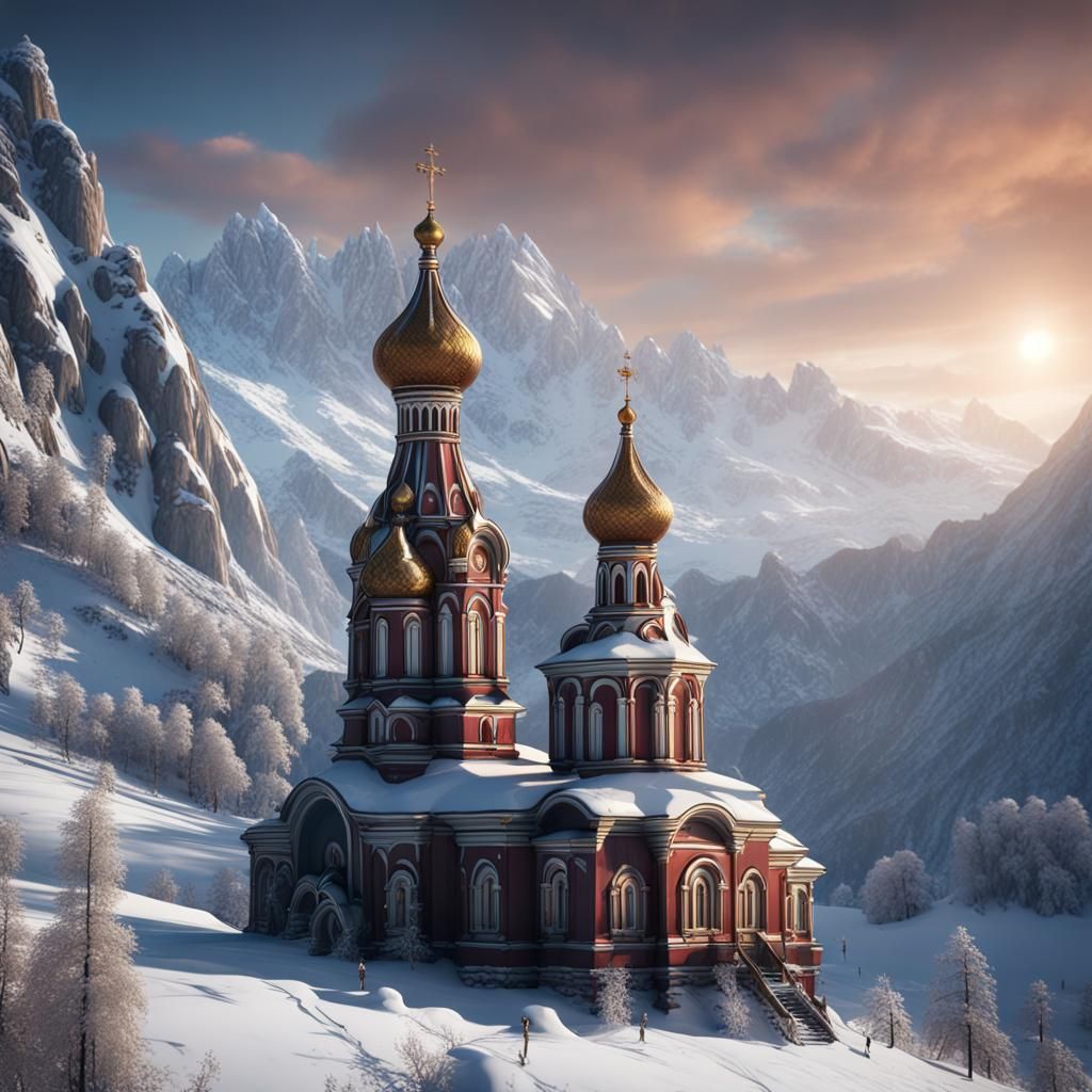 Russian church in snowy mountains with another russian churc...