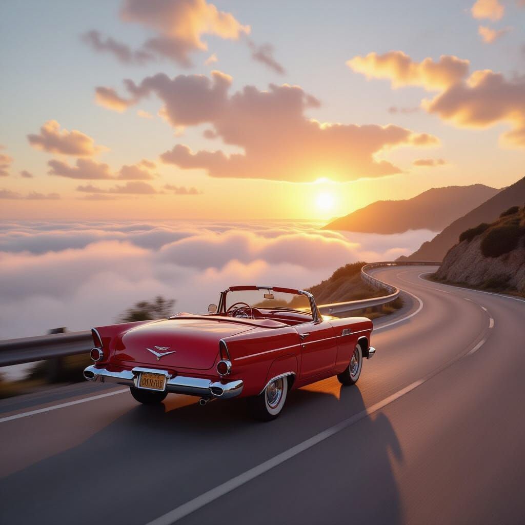 Vintage Red Convertible on Winding Coastal Highway at Dawn