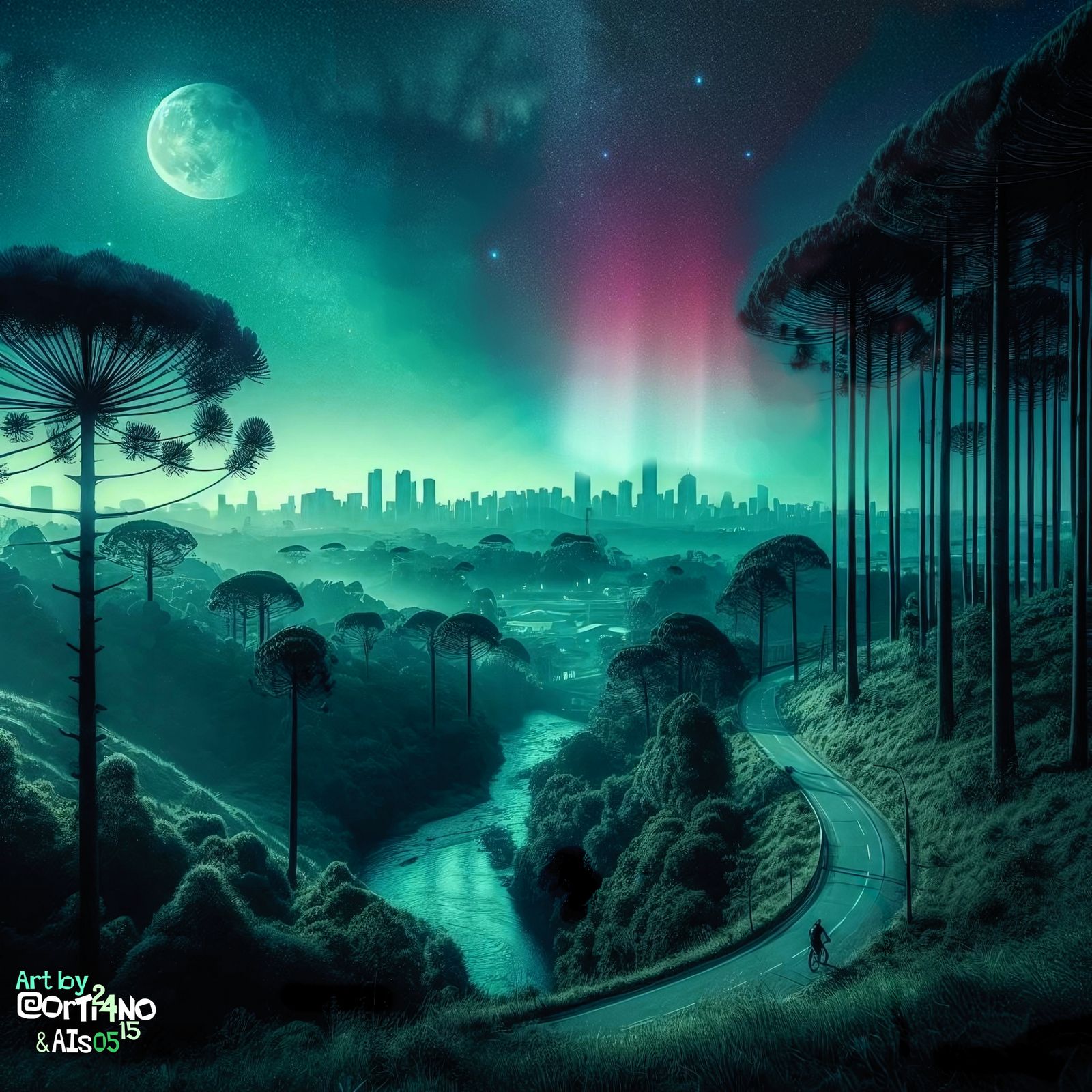 Paraná pines on a hill, at night.